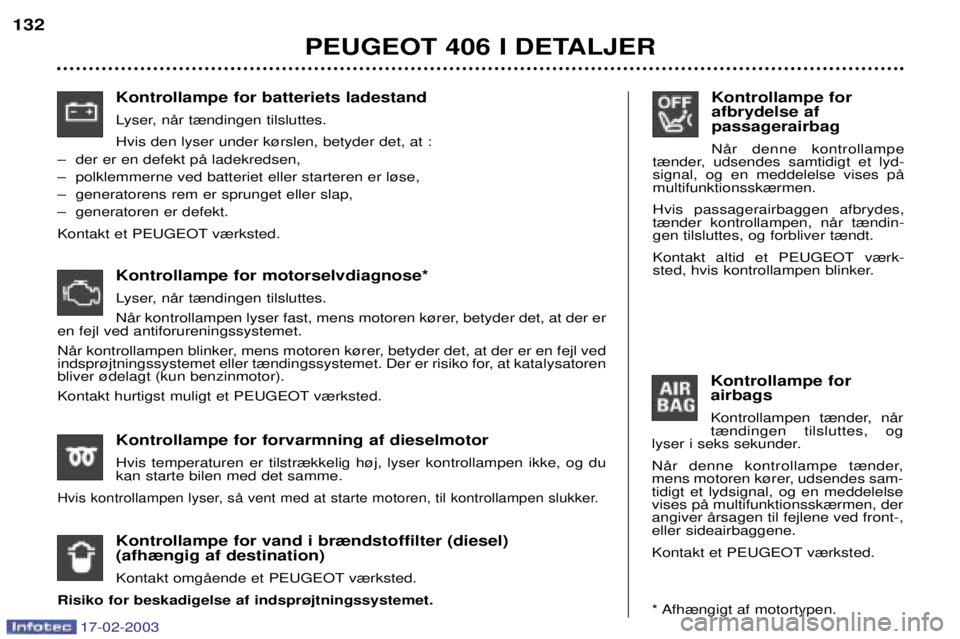 Peugeot 406 2003  Instruktionsbog (in Danish) 17-02-2003
Kontrollampe for afbrydelse afpassagerairbag NŒr denne kontrollampe
t¾nder, udsendes samtidigt et lyd- signal, og en meddelelse vises pŒmultifunktionssk¾rmen. Hvis passagerairbaggen afb