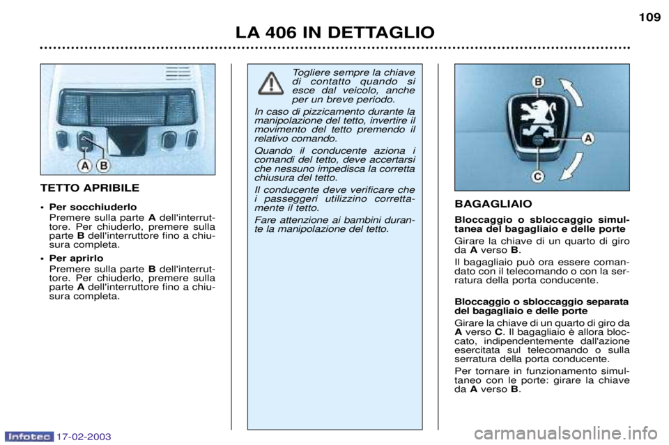 Peugeot 406 2003 Manuale del proprietario (in Italian) 17-02-2003
BAGAGLIAIO Bloccaggio o sbloccaggio simul- tanea del bagagliaio e delle porte Girare la chiave di un quarto di giro da Averso B.
Il bagagliaio pu˜ ora essere coman-dato con il telecomando Peugeot 406 2003 Manuale del proprietario (in Italian) 17-02-2003
BAGAGLIAIO Bloccaggio o sbloccaggio simul- tanea del bagagliaio e delle porte Girare la chiave di un quarto di giro da Averso B.
Il bagagliaio pu˜ ora essere coman-dato con il telecomando