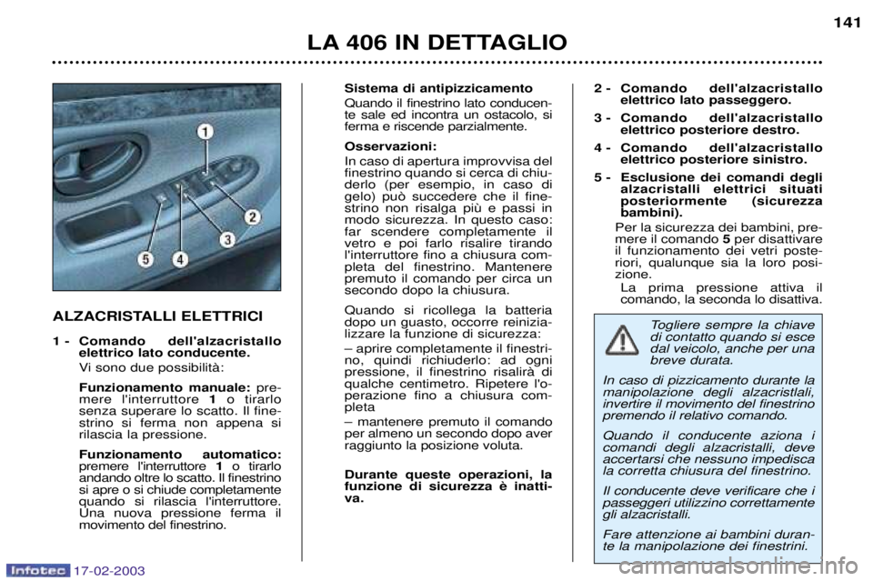Peugeot 406 2003 Manuale del proprietario (in Italian) 17-02-2003
ALZACRISTALLI ELETTRICI
1 - Comando dellalzacristalloelettrico lato conducente.
Vi sono due possibilitˆ: Funzionamento manuale: pre-
mere linterruttore 1o tirarlo
senza superare lo Peugeot 406 2003 Manuale del proprietario (in Italian) 17-02-2003
ALZACRISTALLI ELETTRICI
1 - Comando dellalzacristalloelettrico lato conducente.
Vi sono due possibilitˆ: Funzionamento manuale: pre-
mere linterruttore 1o tirarlo
senza superare lo