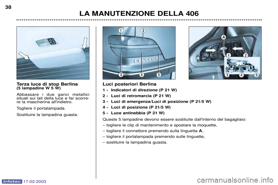Peugeot 406 2003  Manuale del proprietario (in Italian) 17-02-2003
Terza luce di stop Berlina  (5 lampadine W 5 W) Abbassare i due ganci metallici situati sui lati della luce e far scorre-re la mascherina allindietro. 
Togliere il portalampada.Sostituire 