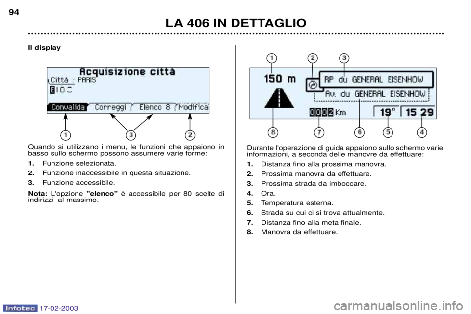 Peugeot 406 2003  Manuale del proprietario (in Italian) 17-02-2003
Il display Quando si utilizzano i menu, le funzioni che appaiono in basso sullo schermo possono assumere varie forme: 1.Funzione selezionata.
2. Funzione inaccessibile in questa situazione.