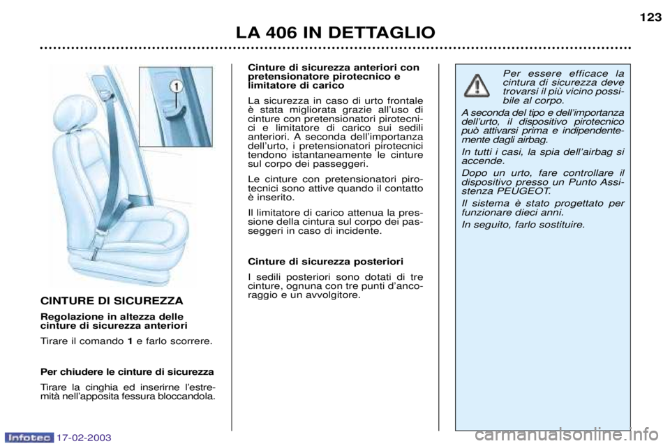 Peugeot 406 2003 Manuale del proprietario (in Italian) 17-02-2003
CINTURE DI SICUREZZA Regolazione in altezza delle cinture di sicurezza anteriori
Tirare il comando 1e farlo scorrere.
Per chiudere le cinture di sicurezza
Tirare la cinghia ed inserirne l Peugeot 406 2003 Manuale del proprietario (in Italian) 17-02-2003
CINTURE DI SICUREZZA Regolazione in altezza delle cinture di sicurezza anteriori
Tirare il comando 1e farlo scorrere.
Per chiudere le cinture di sicurezza
Tirare la cinghia ed inserirne l