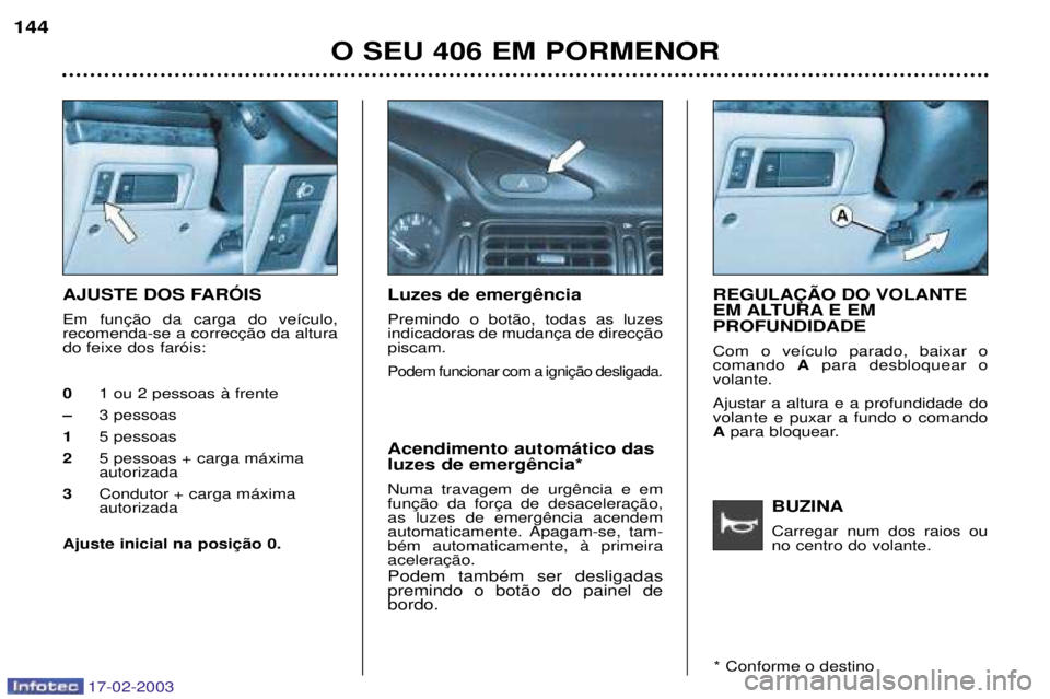 Peugeot 406 2003  Manual do proprietário (in Portuguese) 17-02-2003
BUZINA Carregar num dos raios ou no centro do volante. 
AJUSTE DOS FARîIS  do feixe dos far—is:0 1 ou 2 pessoas ˆ frente
Ð 3 pessoas
1 5 pessoas
2 5 pessoas + carga m‡ximaautorizada
