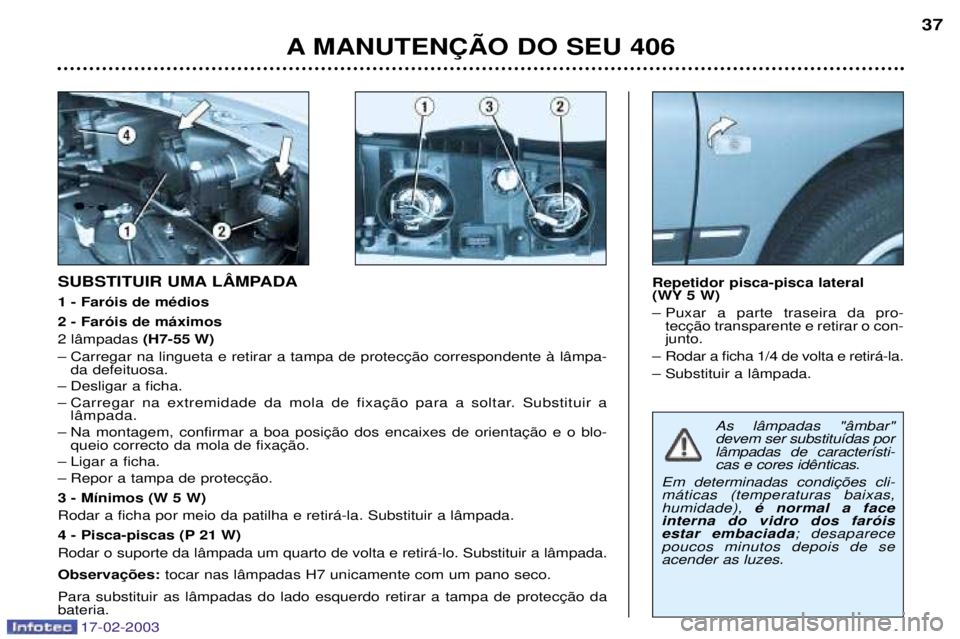 Peugeot 406 2003  Manual do proprietário (in Portuguese) 17-02-2003
As l‰mpadas "‰mbar" devem ser substitu’das porl‰mpadas de caracter’sti-
m‡ticas (temperaturas baixas,humidade),  Ž normal a face
interna do vidro dos far—isestar embaciada ; 
