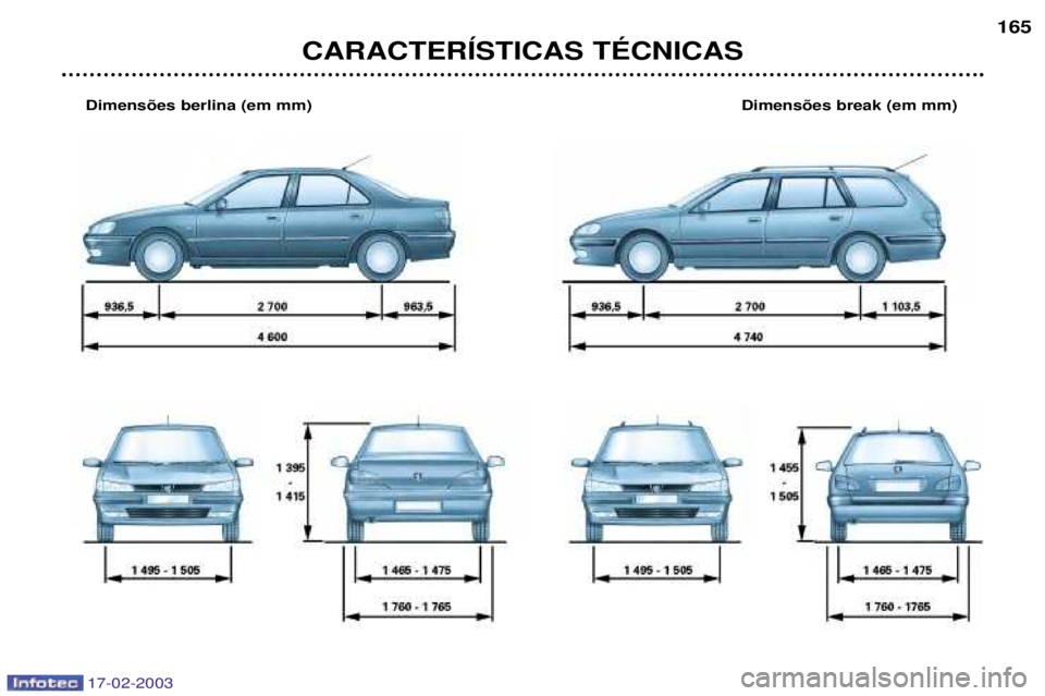 Peugeot 406 2003  Manual do proprietário (in Portuguese) 17-02-2003
CARACTERêSTICAS TƒCNICAS165
Dimens›es berlina (em mm) Dimens›es break (em mm)  