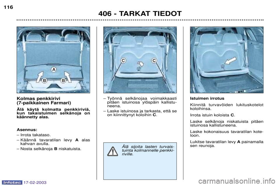 Peugeot 406 2003  Omistajan käsikirja (in Finnish) 17-02-2003
Kolmas penkkirivi  (7-paikkainen Farmari) €lŠ kŠytŠ kolmatta penkkiriviŠ, kun takaistuimen selkŠnoja onkŠŠnnetty alas. Asennus: 
Ð Irrota takataso.
Ð KŠŠnnŠ tavaratilan levy A
