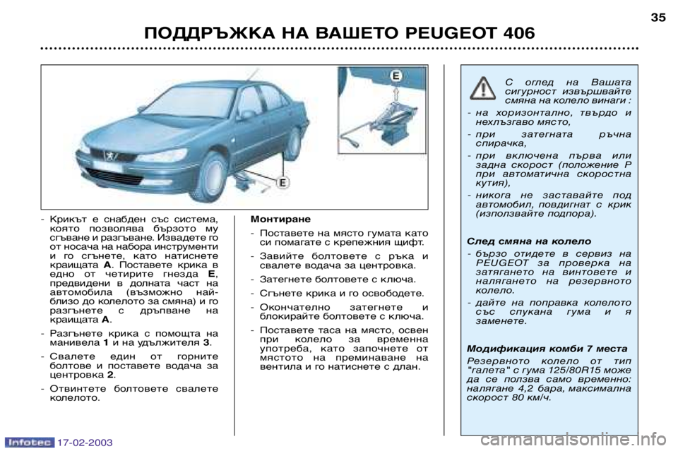 Peugeot 406 2003  Ръководство за експлоатация (in Bulgarian) 17-02-2003
ПОДДРЪЖКА НА ВАШЕТО PEUGEOT 40635
-
Крикът  е  снабден  със  система, 
която  позволява  бързото  му
сгъване и раз
