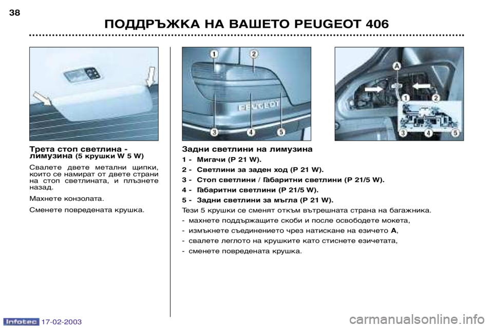 Peugeot 406 2003  Ръководство за експлоатация (in Bulgarian) 17-02-2003
Трета стоп светлина - лимузина (5 крушки W 5 W)
Свалете  двете  метални  щипки,
които се намират от двете стр