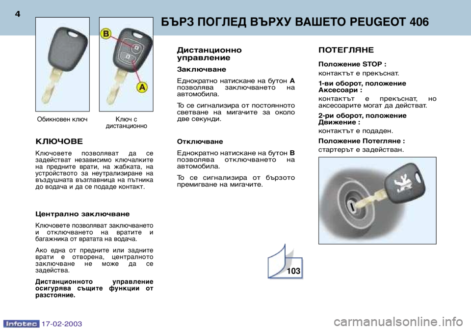 Peugeot 406 2003 Ръководство за експлоатация (in Bulgarian) 17-02-2003
КЛЮЧОВЕ
Ключовете позволяват да се
задействат независимо ключалките
на предните врати, на жабкат Peugeot 406 2003 Ръководство за експлоатация (in Bulgarian) 17-02-2003
КЛЮЧОВЕ
Ключовете позволяват да се
задействат независимо ключалките
на предните врати, на жабкат