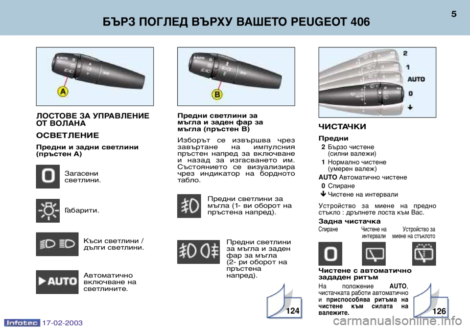 Peugeot 406 2003 Ръководство за експлоатация (in Bulgarian) Предни светлини за
мъгла и заден фар за
мъгла (пръстен B)
Изборът се извършва чрез
завъртане на импулсния Peugeot 406 2003 Ръководство за експлоатация (in Bulgarian) Предни светлини за
мъгла и заден фар за
мъгла (пръстен B)
Изборът се извършва чрез
завъртане на импулсния
