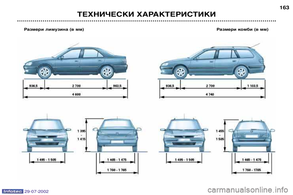Peugeot 406 2002.5  Ръководство за експлоатация (in Bulgarian) ТЕХНИЧЕСКИ ХАРАКТЕРИСТИКИ163
Размери лимузина (в мм) Размери комби (в мм)
29-07-2002  