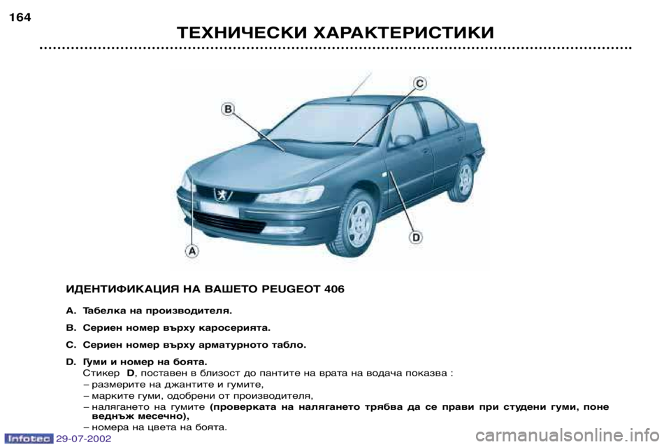 Peugeot 406 2002.5  Ръководство за експлоатация (in Bulgarian) ТЕХНИЧЕСКИ ХАРАКТЕРИСТИКИ
164
ИДЕНТИФИКАЦИЯ НА ВАШЕТО PEUGEOT 406 
A. Табелка на производителя. 
B. Сериен номер върх