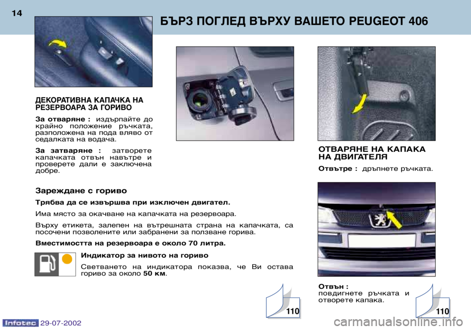 Peugeot 406 2002.5  Ръководство за експлоатация (in Bulgarian) БЪРЗ ПОГЛЕД ВЪРХУ ВАШЕТО PEUGEOT 406
14
ДЕКОРАТИВНА КАПАЧКА НА 
РЕЗЕРВОАРА ЗА ГОРИВО
За  отваряне  :издърпайте  до
кр
