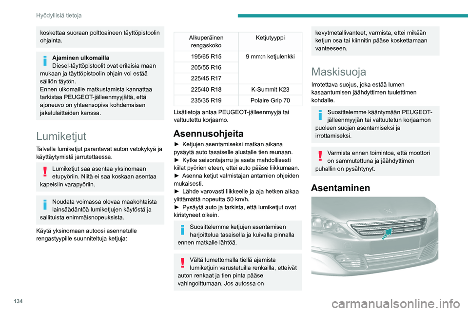 Peugeot 308 2021 Omistajan käsikirja (in Finnish) 134
Hyödyllisiä tietoja
► Aseta lumisuoja etupuskurin alasäleikön
yläosan eteen.
► Paina lumisuojaa niin, että kiinnikkeet
kiinnittyvät.
Älä asenna maskisuojaa, Peugeot 308 2021 Omistajan käsikirja (in Finnish) 134
Hyödyllisiä tietoja
► Aseta lumisuoja etupuskurin alasäleikön
yläosan eteen.
► Paina lumisuojaa niin, että kiinnikkeet
kiinnittyvät.
Älä asenna maskisuojaa,