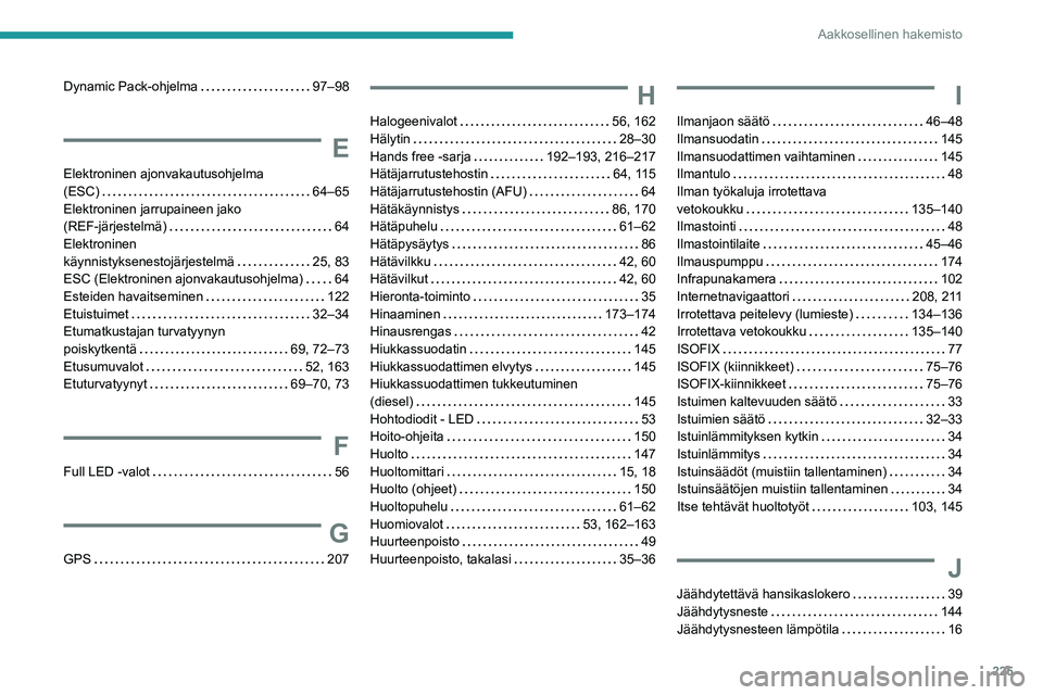Peugeot 308 2021 Omistajan käsikirja (in Finnish) 225
Aakkosellinen hakemisto
Dynamic Pack-ohjelma 97–98
E
Elektroninen ajonvakautusohjelma
(ESC)
64–65
Elektroninen jarrupaineen jako
(REF-järjestelmä)
64
Elektroninen
käyn Peugeot 308 2021 Omistajan käsikirja (in Finnish) 225
Aakkosellinen hakemisto
Dynamic Pack-ohjelma 97–98
E
Elektroninen ajonvakautusohjelma
(ESC)
64–65
Elektroninen jarrupaineen jako
(REF-järjestelmä)
64
Elektroninen
käyn