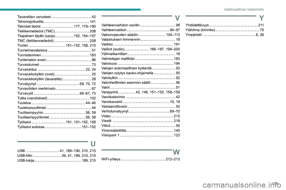 Peugeot 308 2021 Omistajan käsikirja (in Finnish) 229
Aakkosellinen hakemisto
Tavaratilan varusteet 42
Tehonrajoitustila
141
Tekniset tiedot
177, 179–180
Tieliikennetiedot (TMC)
208
Tilapäinen täyttö (sarja)
152, Peugeot 308 2021 Omistajan käsikirja (in Finnish) 229
Aakkosellinen hakemisto
Tavaratilan varusteet 42
Tehonrajoitustila
141
Tekniset tiedot
177, 179–180
Tieliikennetiedot (TMC)
208
Tilapäinen täyttö (sarja)
152,