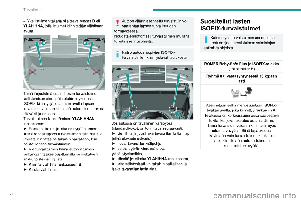Peugeot 308 2021 Omistajan käsikirja (in Finnish) 76
Turvallisuus
Lasten ISOFIX-turvaistuinten kiinnityspaikat
Tässä taulukossa ovat ISOFIX-turvaistuimien sijoituspaikat EU-lain\
säädännön mukaisesti. Sijoituspaikoilla on ISOFIX-kiinnitysj\
är Peugeot 308 2021 Omistajan käsikirja (in Finnish) 76
Turvallisuus
Lasten ISOFIX-turvaistuinten kiinnityspaikat
Tässä taulukossa ovat ISOFIX-turvaistuimien sijoituspaikat EU-lain\
säädännön mukaisesti. Sijoituspaikoilla on ISOFIX-kiinnitysj\
är