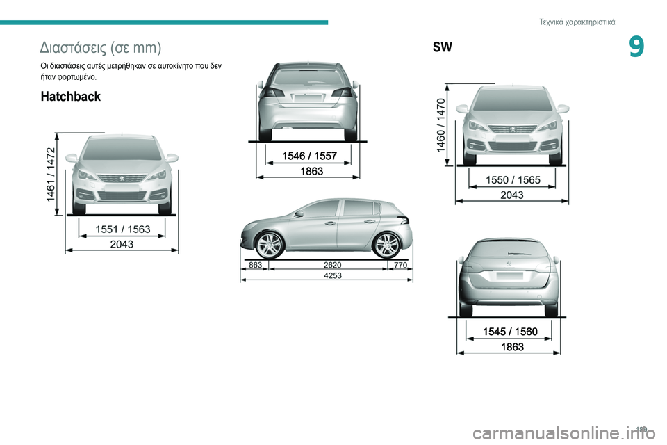 Peugeot 308 2021  Εγχειρίδιο χρήσης (in Greek) 189
Τεχνικά χαρακτηριστικά
9Διαστάσεις (σε mm) 
Οι διαστάσεις αυτές μετρήθηκαν σε αυτοκίνητο που δεν 
ήταν φορτω