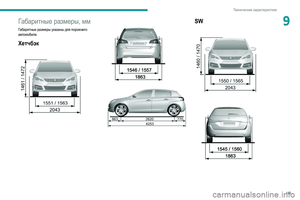 Peugeot 308 2021  Инструкция по эксплуатации (in Russian) 189
Технические характеристики
9Габаритные размеры, мм 
Габаритные размеры указаны для порожнего 
автомобиля.
