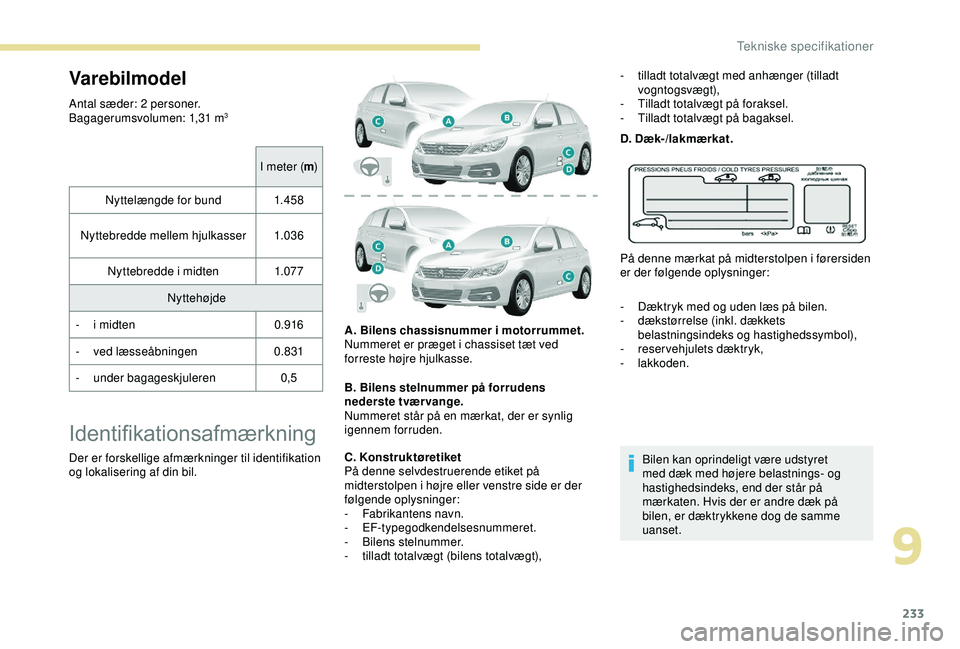 Peugeot 308 2018  Instruktionsbog (in Danish) 233
Varebilmodel
Antal sæder: 2 personer.
Bagagerumsvolumen: 1,31 m3
I meter (m)
Nyttelængde for bund 1.4 5 8
Nyttebredde mellem hjulkasser 1.03 6
Nyttebredde i midten 1.07 7
Nyttehøjde
-
 
i m

id