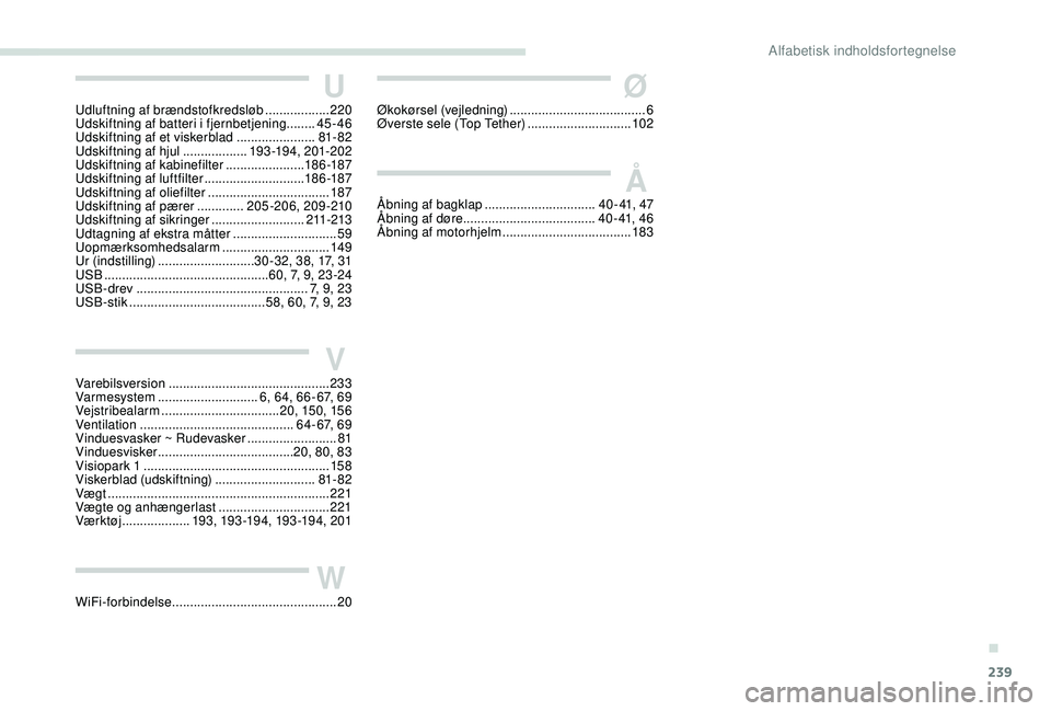 Peugeot 308 2018  Instruktionsbog (in Danish) 239
UUdluftning af brændstofkredsløb ..................2 20
Udskiftning af batteri i fjernbetjening ........ 45
-46
Udskiftning af et viskerblad
 

......................81- 82
Udskiftning af hjul
 