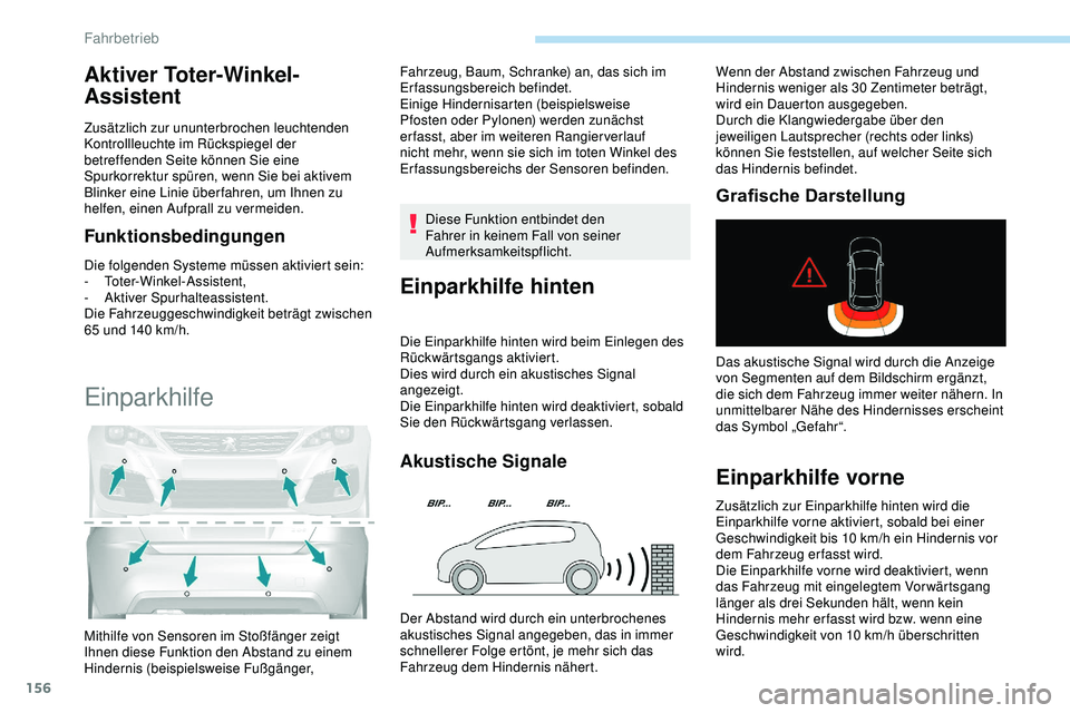Peugeot 308 2018 Betriebsanleitung (in German) 156
Aktiver Toter-Winkel-
Assistent
Zusätzlich zur ununterbrochen leuchtenden
Kontrollleuchte im Rückspiegel der
betreffenden Seite können Sie eine
Spurkorrektur spüren, wenn Sie bei aktivem
Peugeot 308 2018 Betriebsanleitung (in German) 156
Aktiver Toter-Winkel-
Assistent
Zusätzlich zur ununterbrochen leuchtenden
Kontrollleuchte im Rückspiegel der
betreffenden Seite können Sie eine
Spurkorrektur spüren, wenn Sie bei aktivem