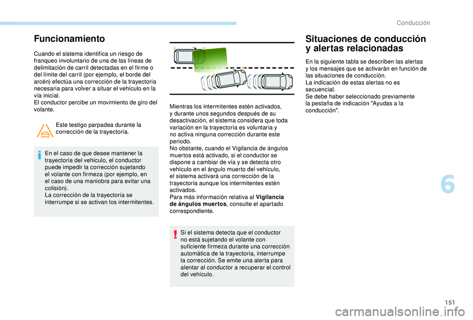 Peugeot 308 2018 Manual del propietario (in Spanish) 151
Funcionamiento
Cuando el sistema identifica un riesgo de
franqueo involuntario de una de las líneas de
delimitación de carril detectadas en el firme o
del límite del carril (por ejemplo, el Peugeot 308 2018 Manual del propietario (in Spanish) 151
Funcionamiento
Cuando el sistema identifica un riesgo de
franqueo involuntario de una de las líneas de
delimitación de carril detectadas en el firme o
del límite del carril (por ejemplo, el