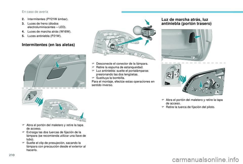 Peugeot 308 2018  Manual del propietario (in Spanish) 210
2.Intermitentes (PY21W ámbar).
3. Luces de freno (diodos 
electroluminiscentes – LED).
4. Luces de marcha atrás (W16W).
5. Luces antiniebla (P21W).
Intermitentes (en las aletas)
F Abra el port