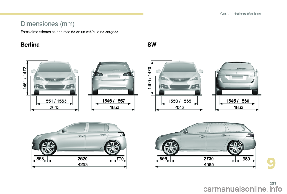 Peugeot 308 2018  Manual del propietario (in Spanish) 231
Dimensiones (mm) 
Estas dimensiones se han medido en un vehículo no cargado.
BerlinaSW
9 
Características técnicas  