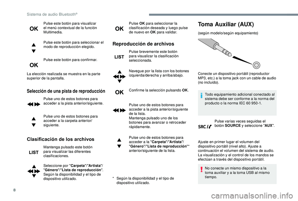 Peugeot 308 2018 Manual del propietario (in Spanish) 8
Pulse este botón para visualizar
el menú contextual de la función
Multimedia.
Pulse este botón para seleccionar el
modo de reproducción elegido.
Pulse este botón para confirmar.
La elecció Peugeot 308 2018 Manual del propietario (in Spanish) 8
Pulse este botón para visualizar
el menú contextual de la función
Multimedia.
Pulse este botón para seleccionar el
modo de reproducción elegido.
Pulse este botón para confirmar.
La elecció