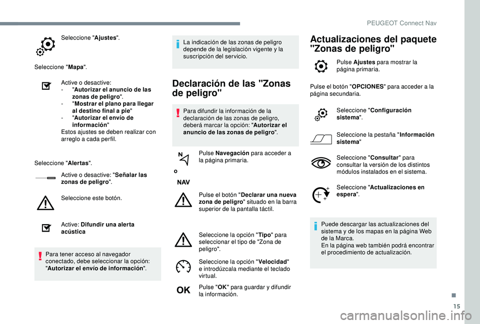 Peugeot 308 2018 Manual del propietario (in Spanish) 15
Seleccione "Ajustes".
Seleccione " Mapa".
Active o desactive:
-
"Autorizar el anuncio de las
zonas de peligro ".
-
"Mostrar el plano para llegar
al destino final a Peugeot 308 2018 Manual del propietario (in Spanish) 15
Seleccione "Ajustes".
Seleccione " Mapa".
Active o desactive:
-
"Autorizar el anuncio de las
zonas de peligro ".
-
"Mostrar el plano para llegar
al destino final a