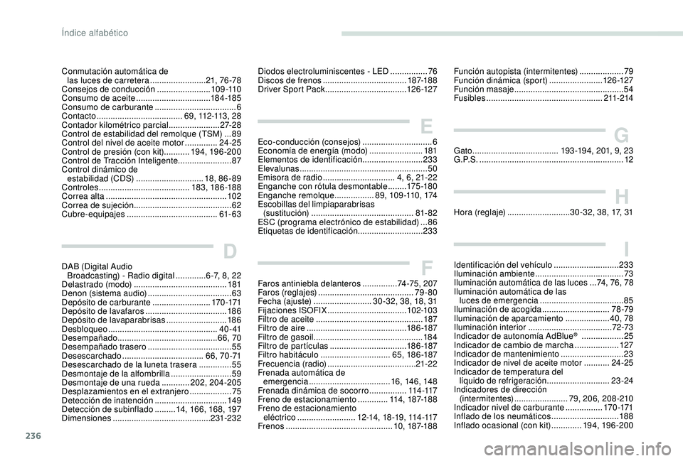 Peugeot 308 2018 Manual del propietario (in Spanish) 236
Conmutación automática de las luces de carretera ........................2
1, 76 -78
Consejos de conducción
.......................109 -110
Consumo de aceite
............................. Peugeot 308 2018 Manual del propietario (in Spanish) 236
Conmutación automática de las luces de carretera ........................2
1, 76 -78
Consejos de conducción
.......................109 -110
Consumo de aceite
.............................