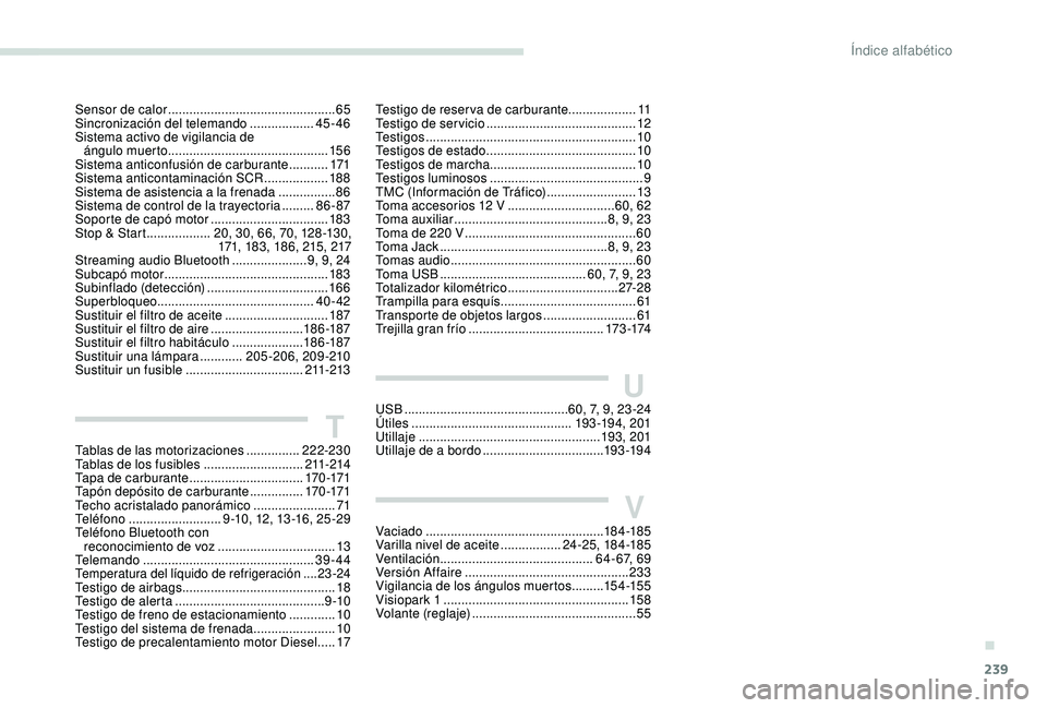 Peugeot 308 2018 Manual del propietario (in Spanish) 239
Sensor de calor ...............................................65
S incronización del telemando .................. 45
-46
Sistema activo de vigilancia de ángulo muerto
...................... Peugeot 308 2018 Manual del propietario (in Spanish) 239
Sensor de calor ...............................................65
S incronización del telemando .................. 45
-46
Sistema activo de vigilancia de ángulo muerto
......................