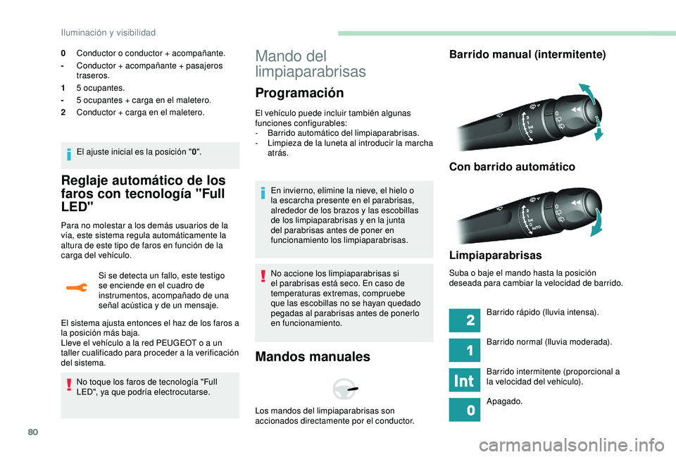 Peugeot 308 2018 Manual del propietario (in Spanish) 80
Reglaje automático de los
faros con tecnología "Full
LED"
Para no molestar a los demás usuarios de la
vía, este sistema regula automáticamente la
altura de este tipo de faros en fu Peugeot 308 2018 Manual del propietario (in Spanish) 80
Reglaje automático de los
faros con tecnología "Full
LED"
Para no molestar a los demás usuarios de la
vía, este sistema regula automáticamente la
altura de este tipo de faros en fu