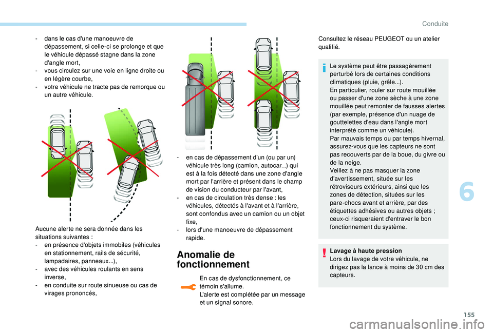 Peugeot 308 2018  Manuel du propriétaire (in French) 155
Aucune alerte ne sera donnée dans les 
situations suivantes :
-
 
e
 n présence d'objets immobiles (véhicules 
en stationnement, rails de sécurité, 
lampadaires, panneaux...),
-
 
a
 vec 