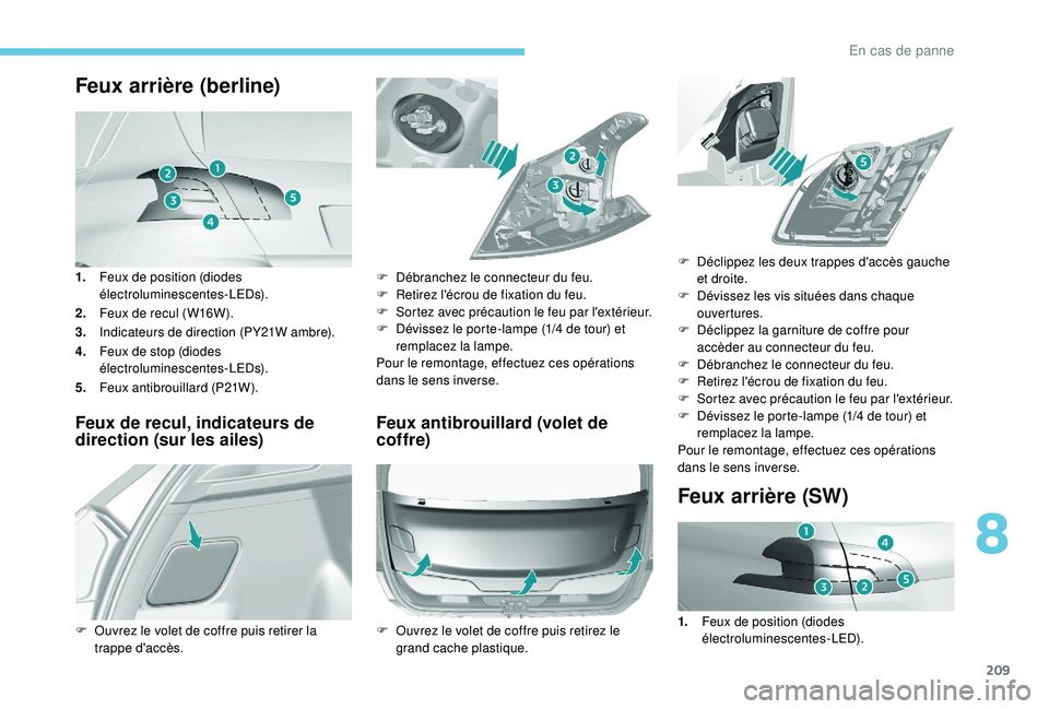 Peugeot 308 2018 Manuel du propriétaire (in French) 209
Feux arrière (berline)
1.Feux de position (diodes
électroluminescentes-LEDs).
2. Feux de recul (W16W).
3. Indicateurs de direction (PY21W ambre).
4. Feux de stop (diodes
électroluminescentes- Peugeot 308 2018 Manuel du propriétaire (in French) 209
Feux arrière (berline)
1.Feux de position (diodes
électroluminescentes-LEDs).
2. Feux de recul (W16W).
3. Indicateurs de direction (PY21W ambre).
4. Feux de stop (diodes
électroluminescentes-