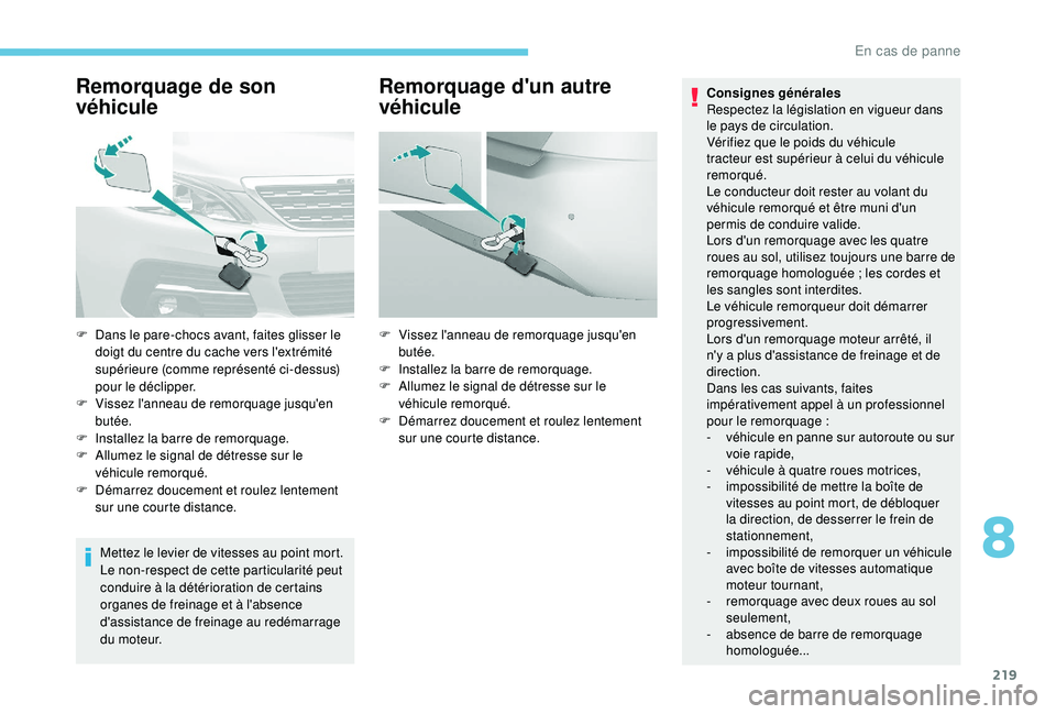 Peugeot 308 2018 Manuel du propriétaire (in French) 219
Remorquage de son
véhicule
Mettez le levier de vitesses au point mort.
Le non-respect de cette particularité peut
conduire à la détérioration de certains
organes de freinage et à l'ab Peugeot 308 2018 Manuel du propriétaire (in French) 219
Remorquage de son
véhicule
Mettez le levier de vitesses au point mort.
Le non-respect de cette particularité peut
conduire à la détérioration de certains
organes de freinage et à l'ab