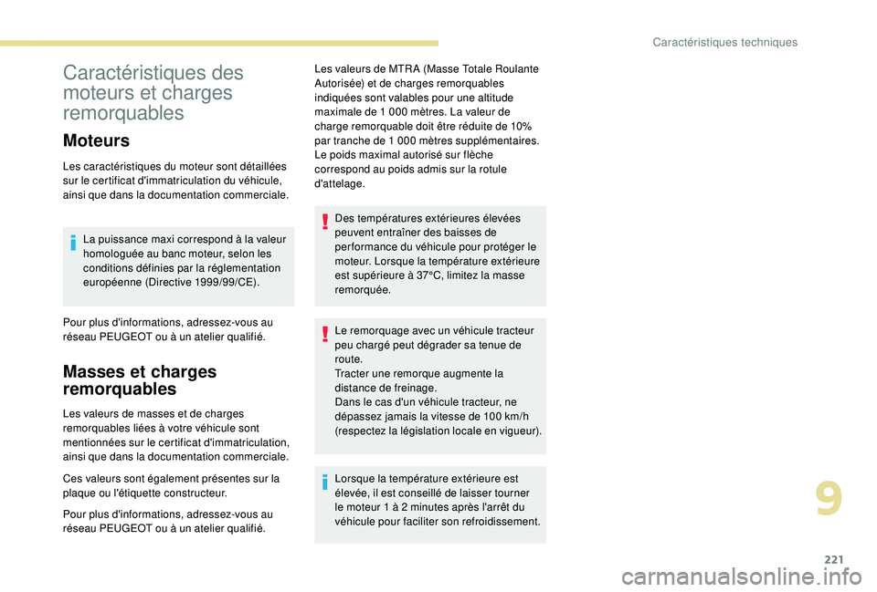 Peugeot 308 2018 Manuel du propriétaire (in French) 221
Caractéristiques des
moteurs et charges
remorquables
Moteurs
Les caractéristiques du moteur sont détaillées
sur le certificat d'immatriculation du véhicule,
ainsi que dans la document Peugeot 308 2018 Manuel du propriétaire (in French) 221
Caractéristiques des
moteurs et charges
remorquables
Moteurs
Les caractéristiques du moteur sont détaillées
sur le certificat d'immatriculation du véhicule,
ainsi que dans la document