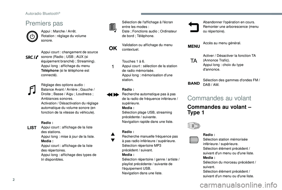 Peugeot 308 2018  Manuel du propriétaire (in French) 2
Premiers pas
Appui : Marche / Arrêt.
R otation   : réglage du volume 
sonore.
Appui court
  : changement de source 
sonore (Radio ; USB ; AUX (si 
équipement branché) ; Streaming).
Appui long
  