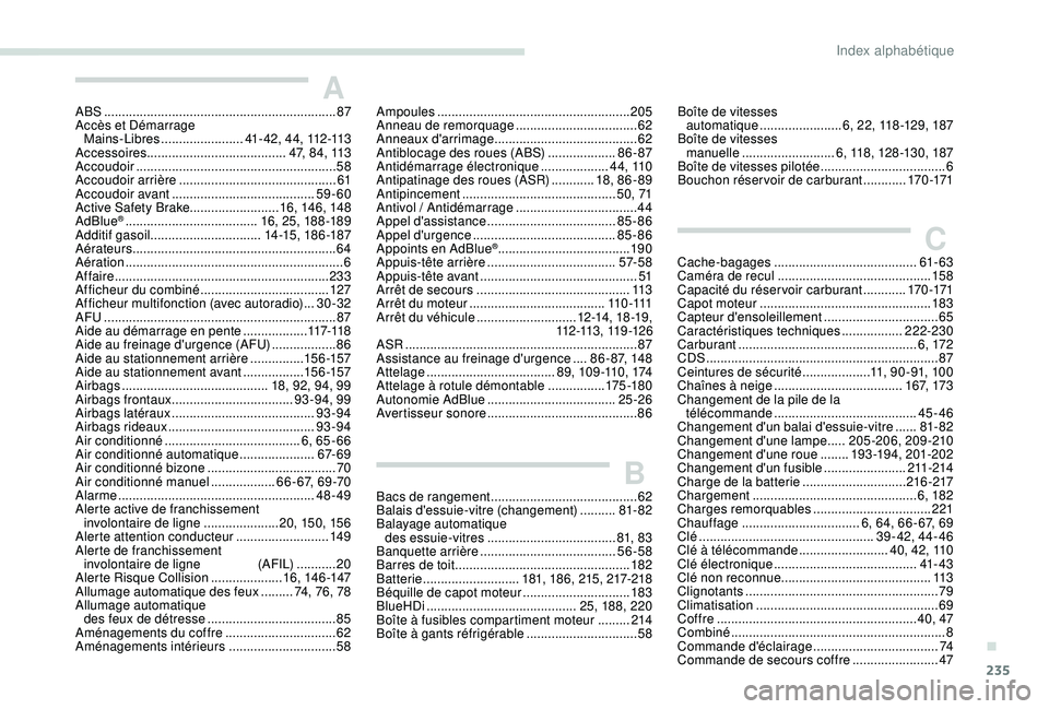 Peugeot 308 2018 Manuel du propriétaire (in French) 235
ABS .................................................................87
Accès et Démarrage Mains-Libres
.......................41 - 4 2 , 4 4 , 112 -113
Accessoires ...................... Peugeot 308 2018 Manuel du propriétaire (in French) 235
ABS .................................................................87
Accès et Démarrage Mains-Libres
.......................41 - 4 2 , 4 4 , 112 -113
Accessoires ......................