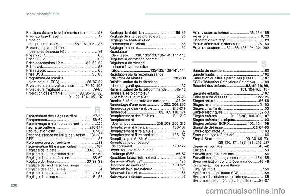 Peugeot 308 2018 Manuel du propriétaire (in French) 238
RRabattement des sièges arrière ...............57- 5 8
Rangements ............................... ...............58-62
Réamorçage circuit de carburant
.................220
Recharge batterie Peugeot 308 2018 Manuel du propriétaire (in French) 238
RRabattement des sièges arrière ...............57- 5 8
Rangements ............................... ...............58-62
Réamorçage circuit de carburant
.................220
Recharge batterie