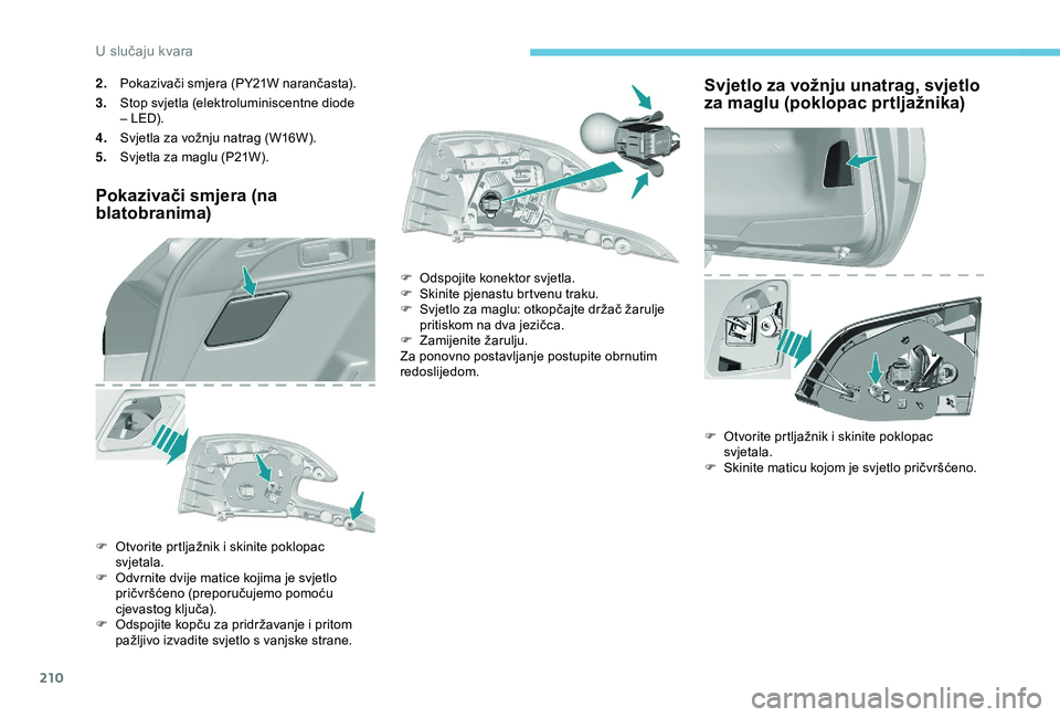 Peugeot 308 2018  Vodič za korisnike (in Croatian) 210
2.Pokazivači smjera (PY21W narančasta).
3. Stop svjetla (elektroluminiscentne diode 
– LED).
4. Svjetla za vožnju natrag (W16W).
5. Svjetla za maglu (P21W).
Pokazivači smjera (na 
blatobrani