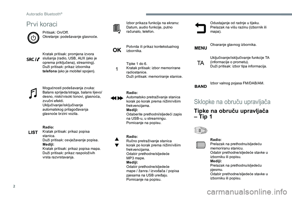 Peugeot 308 2018 Vodič za korisnike (in Croatian) 2
Prvi koraci
Pritisak: On/Off.
Okretanje: podešavanje glasnoće.
Kratak pritisak: promjena izvora
slušanja (radio, USB, AUX (ako je
oprema priključena), streaming).
Duži pritisak: prikaz izborn Peugeot 308 2018 Vodič za korisnike (in Croatian) 2
Prvi koraci
Pritisak: On/Off.
Okretanje: podešavanje glasnoće.
Kratak pritisak: promjena izvora
slušanja (radio, USB, AUX (ako je
oprema priključena), streaming).
Duži pritisak: prikaz izborn