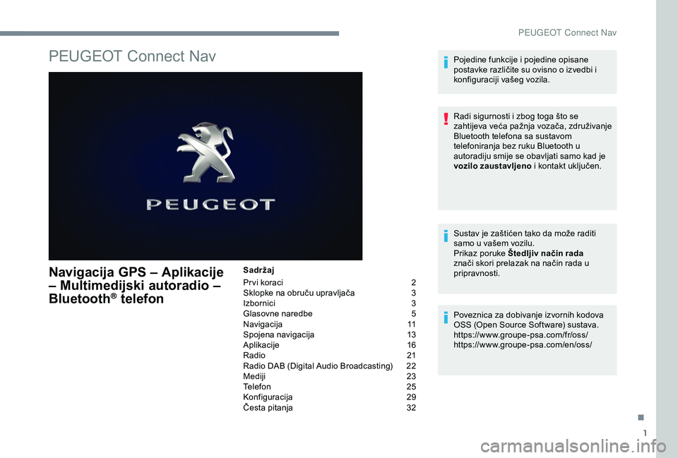 Peugeot 308 2018 Vodič za korisnike (in Croatian) 1
PEUGEOT Connect Nav
Navigacija GPS – Aplikacije
– Multimedijski autoradio –
Bluetooth
® telefon
Sadržaj
Pr vi koraci
2
S
klopke na obruču upravljača
3
I
zbornici
3
G
lasovne nared Peugeot 308 2018 Vodič za korisnike (in Croatian) 1
PEUGEOT Connect Nav
Navigacija GPS – Aplikacije
– Multimedijski autoradio –
Bluetooth
® telefon
Sadržaj
Pr vi koraci
2
S
klopke na obruču upravljača
3
I
zbornici
3
G
lasovne nared