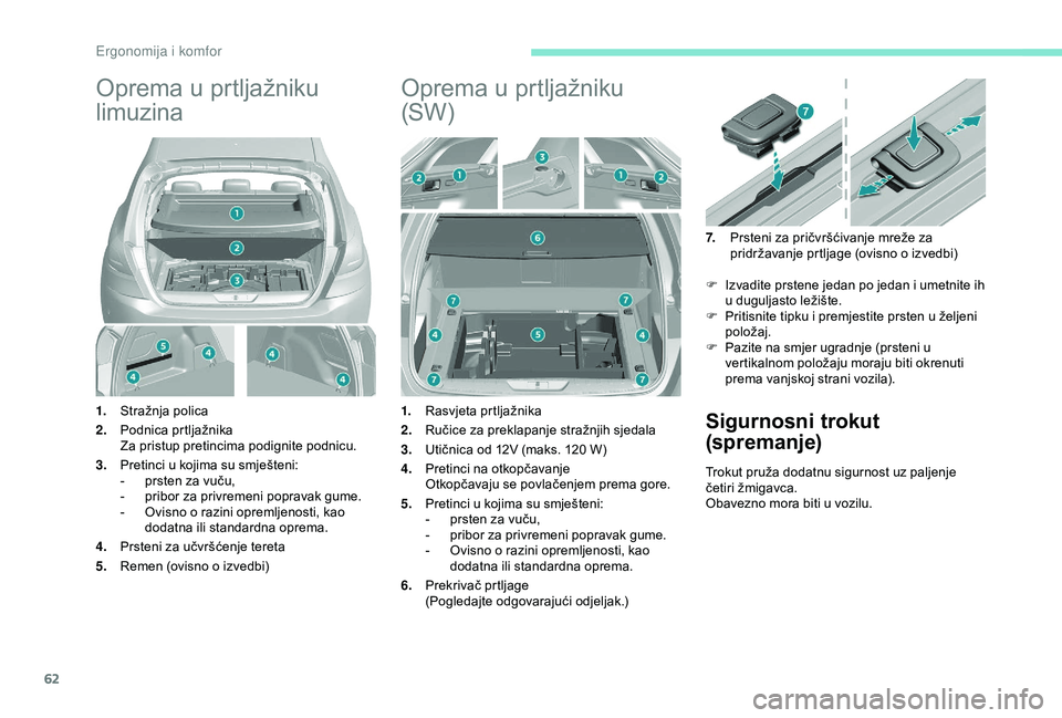 Peugeot 308 2018 Vodič za korisnike (in Croatian) 62
Oprema u prtljažniku
limuzina
1.Stražnja polica
2. Podnica prtljažnika
Za pristup pretincima podignite podnicu.
3. Pretinci u kojima su smješteni:
-
p
rsten za vuču,
-
p
ribor za privre Peugeot 308 2018 Vodič za korisnike (in Croatian) 62
Oprema u prtljažniku
limuzina
1.Stražnja polica
2. Podnica prtljažnika
Za pristup pretincima podignite podnicu.
3. Pretinci u kojima su smješteni:
-
p
rsten za vuču,
-
p
ribor za privre