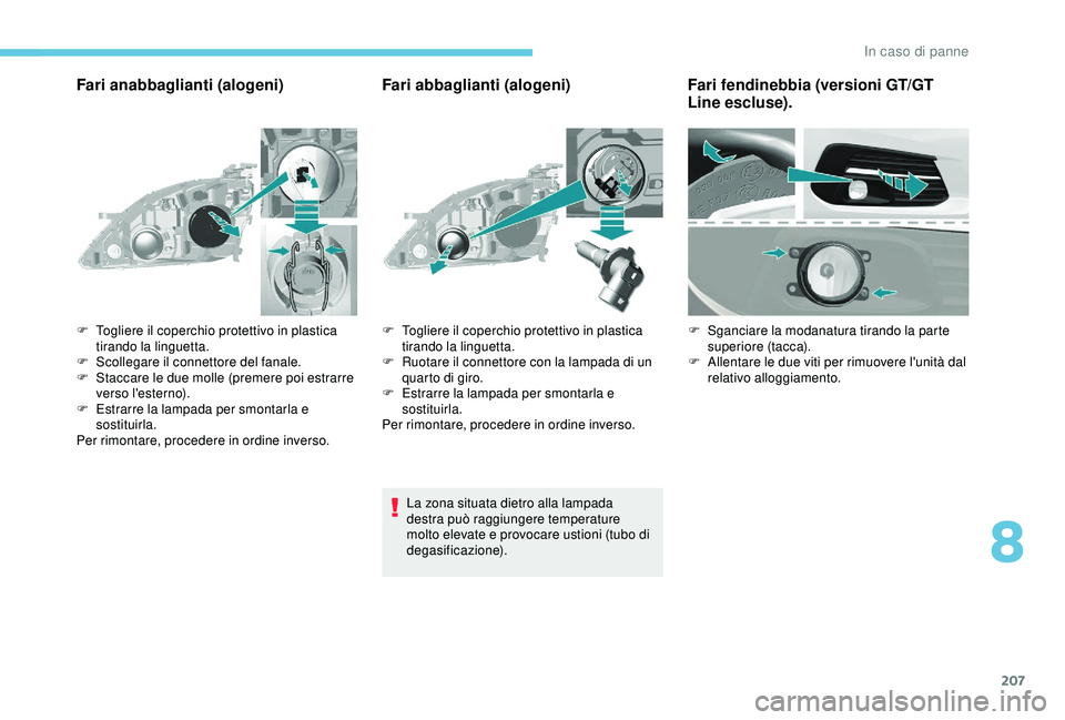 Peugeot 308 2018  Manuale del proprietario (in Italian) 207
Fari anabbaglianti (alogeni)Fari abbaglianti (alogeni)
La zona situata dietro alla lampada 
destra può raggiungere temperature 
molto elevate e provocare ustioni (tubo di 
degasificazione).
F
 
T