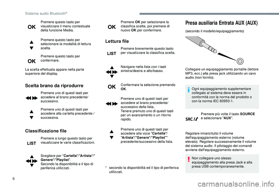 Peugeot 308 2018  Manuale del proprietario (in Italian) 8
Premere questo tasto per 
visualizzare il menu contestuale 
della funzione Media.
Premere questo tasto per 
selezionare la modalità di lettura 
scelta.
Premere questo tasto per 
confermare.
La scel
