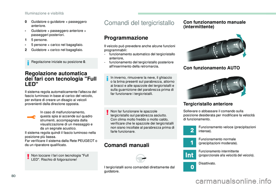 Peugeot 308 2018 Manuale del proprietario (in Italian) 80
Regolazione automatica
dei fari con tecnologia "Full
LED"
Il sistema regola automaticamente l'altezza del
fascio luminoso in base al carico del veicolo,
per evitare di creare un dis Peugeot 308 2018 Manuale del proprietario (in Italian) 80
Regolazione automatica
dei fari con tecnologia "Full
LED"
Il sistema regola automaticamente l'altezza del
fascio luminoso in base al carico del veicolo,
per evitare di creare un dis