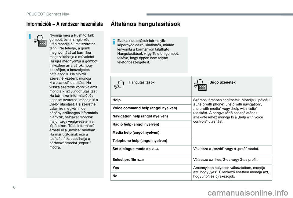 Peugeot 308 2018 Kezelési útmutató (in Hungarian) 6
Információk – A rendszer használata
Nyomja meg a Push to Talk
gombot, és a hangjelzés
után mondja el, mit szeretne
tenni. Ne feledje, a gomb
megnyomásával bármikor
megszakíthatja a Peugeot 308 2018 Kezelési útmutató (in Hungarian) 6
Információk – A rendszer használata
Nyomja meg a Push to Talk
gombot, és a hangjelzés
után mondja el, mit szeretne
tenni. Ne feledje, a gomb
megnyomásával bármikor
megszakíthatja a