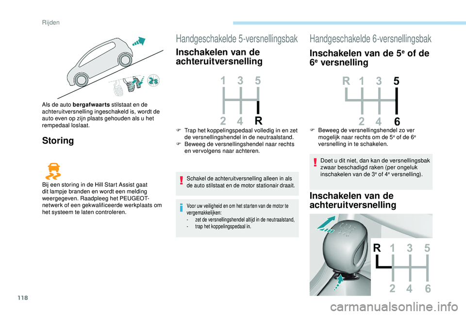 Peugeot 308 2018 Handleiding (in Dutch) 118
Storing
Handgeschakelde 5-versnellingsbak
Inschakelen van de
achteruitversnelling
Schakel de achteruitversnelling alleen in als
de auto stilstaat en de motor stationair draait.
Voor uw veilighei Peugeot 308 2018 Handleiding (in Dutch) 118
Storing
Handgeschakelde 5-versnellingsbak
Inschakelen van de
achteruitversnelling
Schakel de achteruitversnelling alleen in als
de auto stilstaat en de motor stationair draait.
Voor uw veilighei